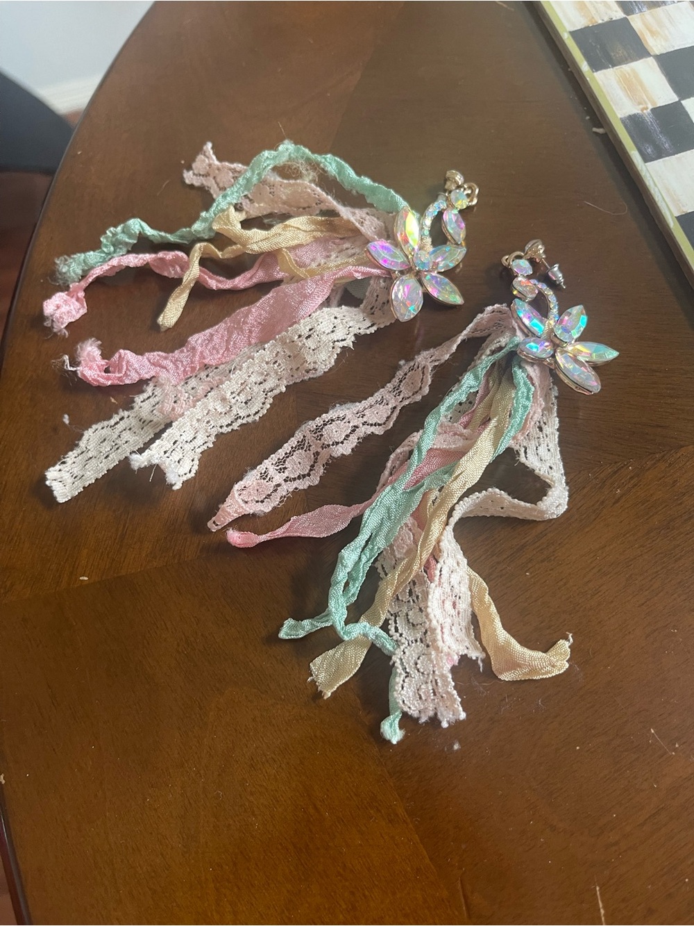 Iridescent Floral Tassel Earrings in Mint, Blush & Cream